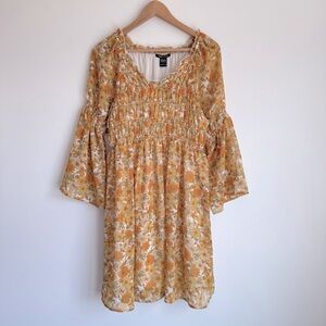 Robert Louis Women's Yellow Floral Flowy Dress, Long Sleeve, Full Lining, L